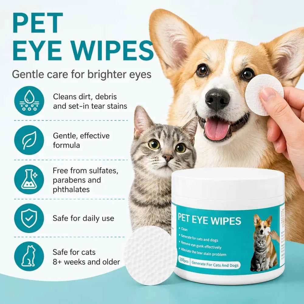 Hypoallergenic Rinse-Free Pet Eye Wipes for Dogs and Cats
